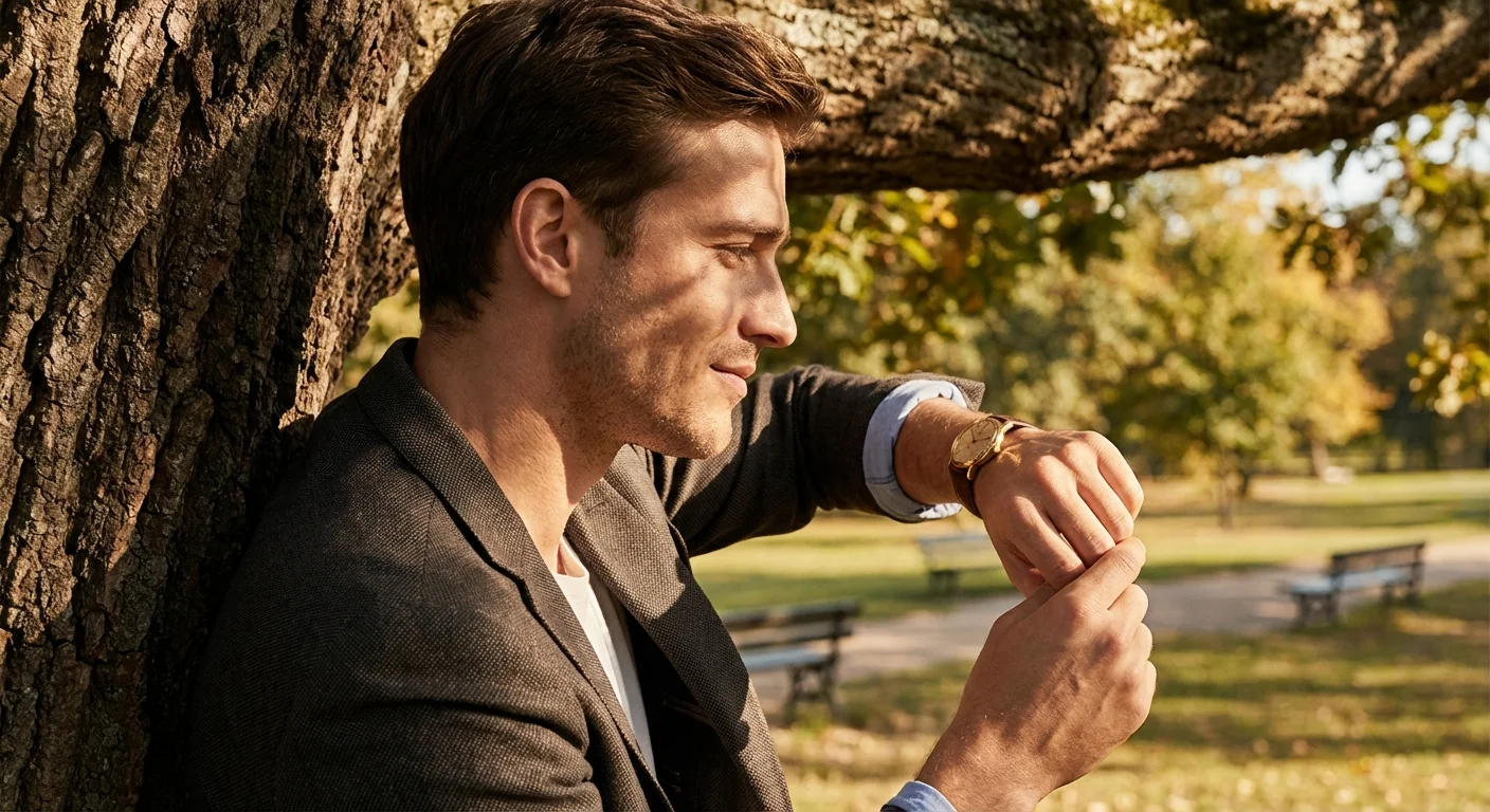 A young man checking his watch while leaning against a large tree in a sunny park.