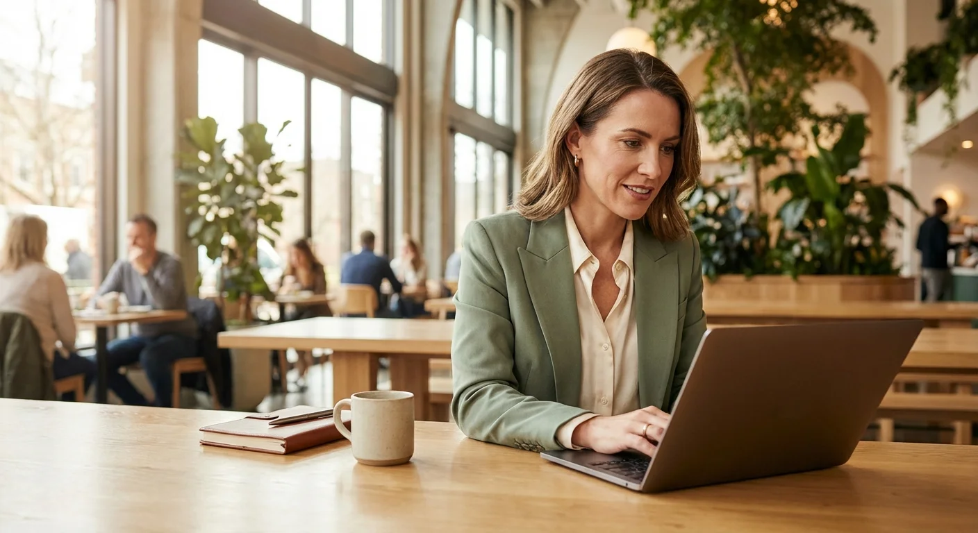 A young professional working on a laptop in a bright cafe.