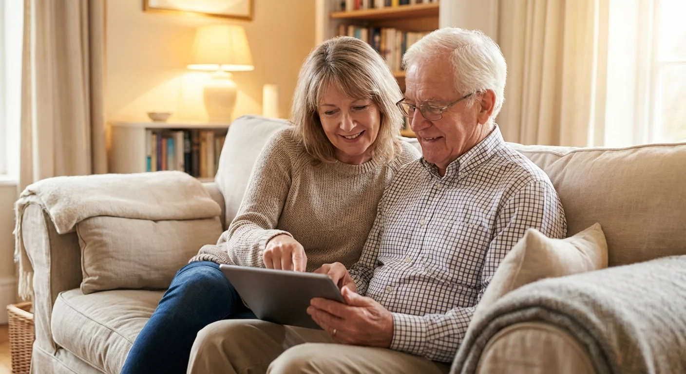 A younger woman helping an elderly man with an online application on a tablet.