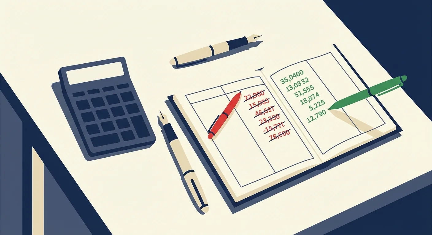 A minimalist desk setup with a ledger showing red numbers being converted to green.