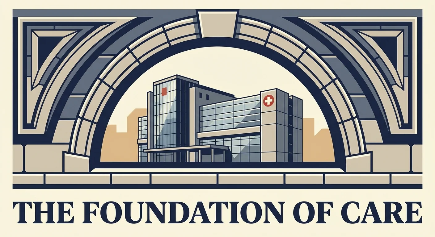 An architectural view of a hospital building, symbolizing the foundation of Medicare coverage.