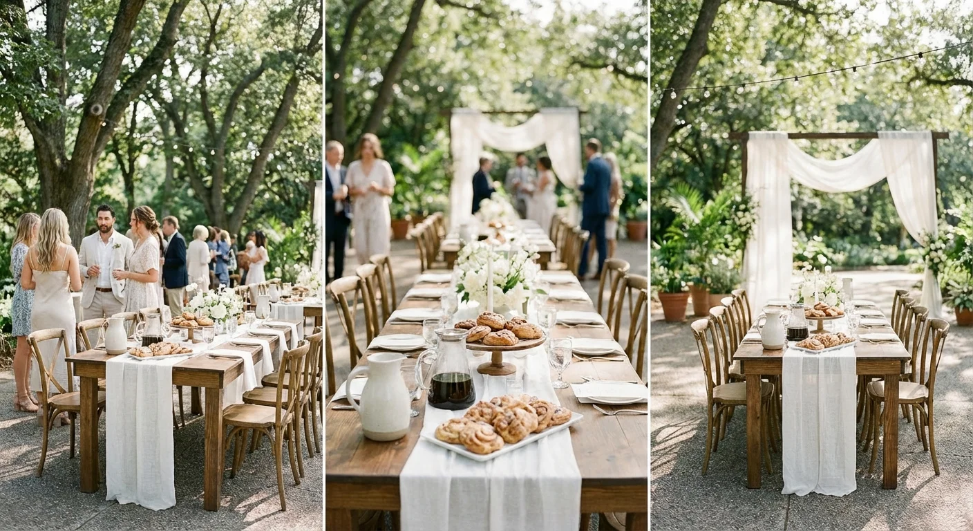 An elegant brunch wedding reception set up outdoors in a lush garden.