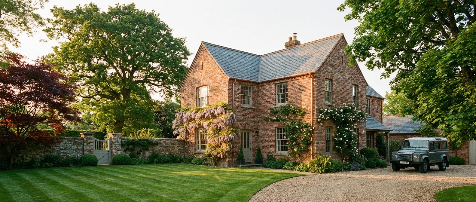 An elegant older brick house at sunset with a green lawn.