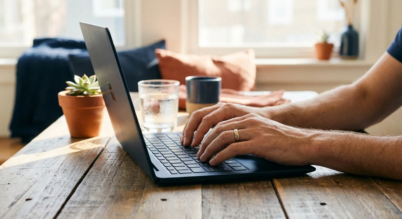An investor looking at a tablet and notebook, deciding between different investment paths in a bright room.