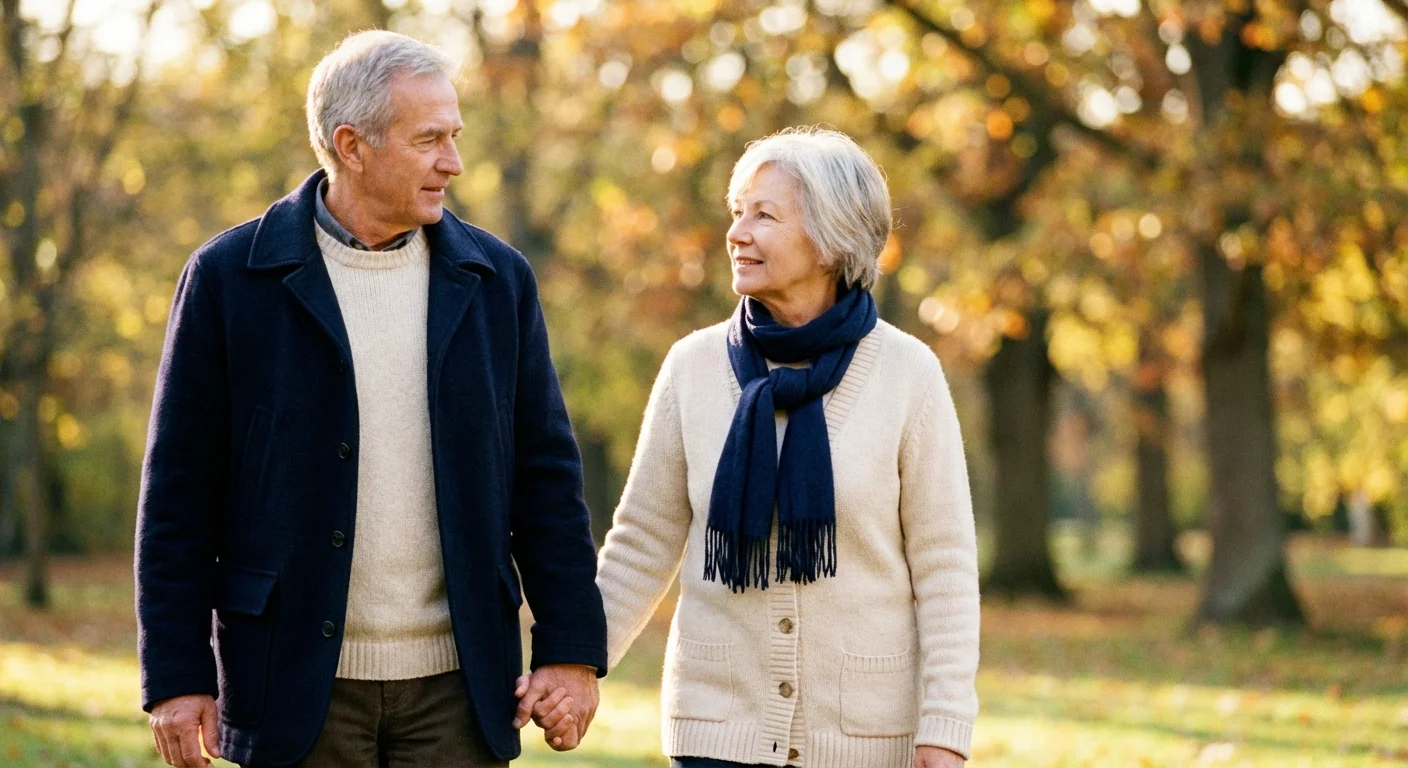 An older couple walking together in a peaceful park.