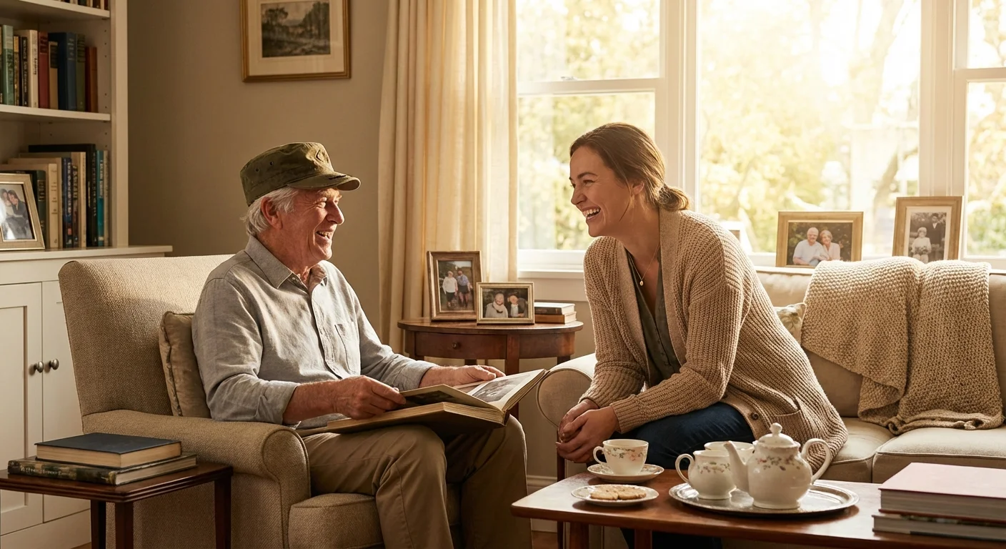 An older veteran receiving assistance at home in a bright, comfortable setting.