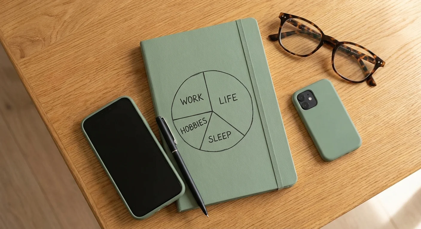 An organized desk with a smartphone and a hand-drawn pie chart in a notebook.