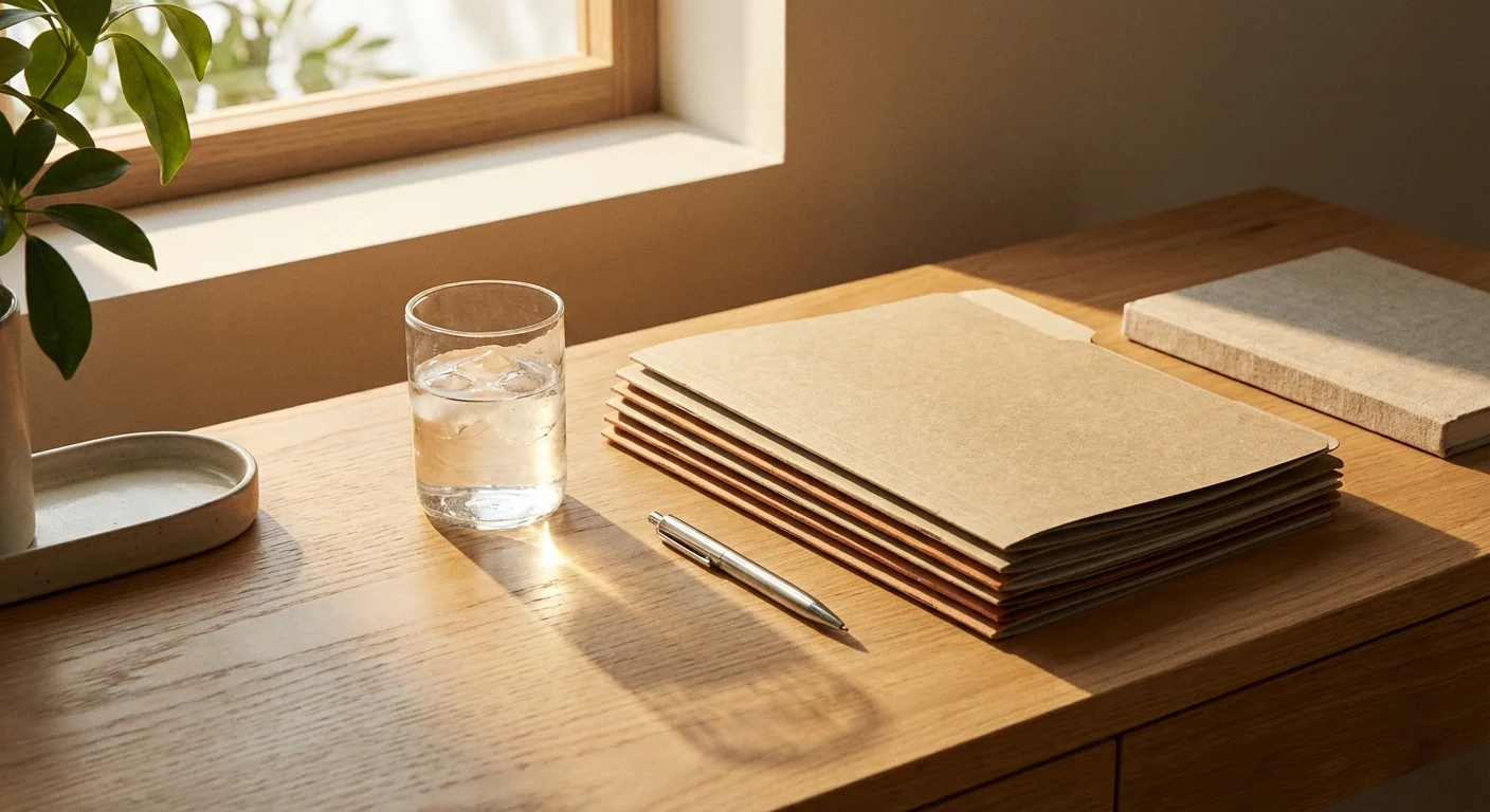 An organized desk with folders and a pen, representing accuracy and attention to detail.