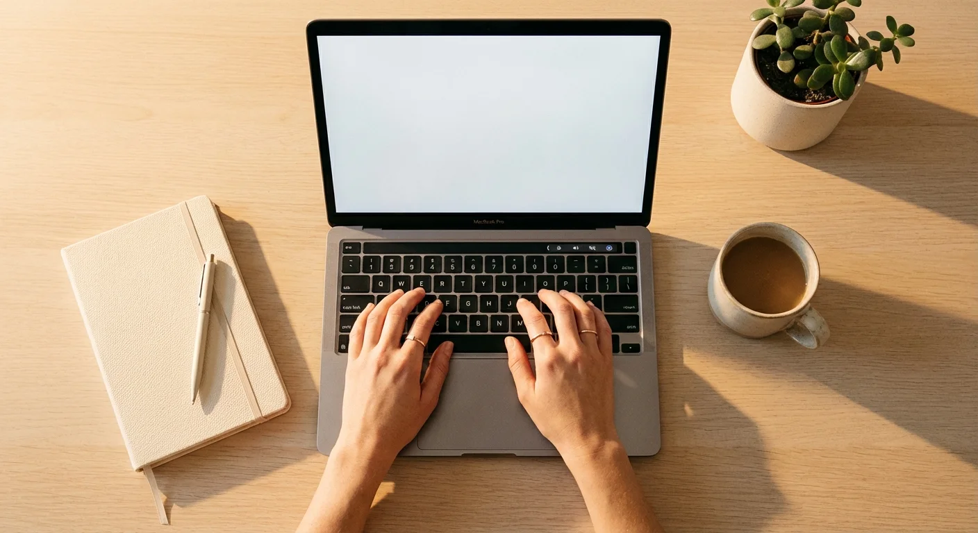 An organized desk with hands typing on a laptop, representing the enrollment process.