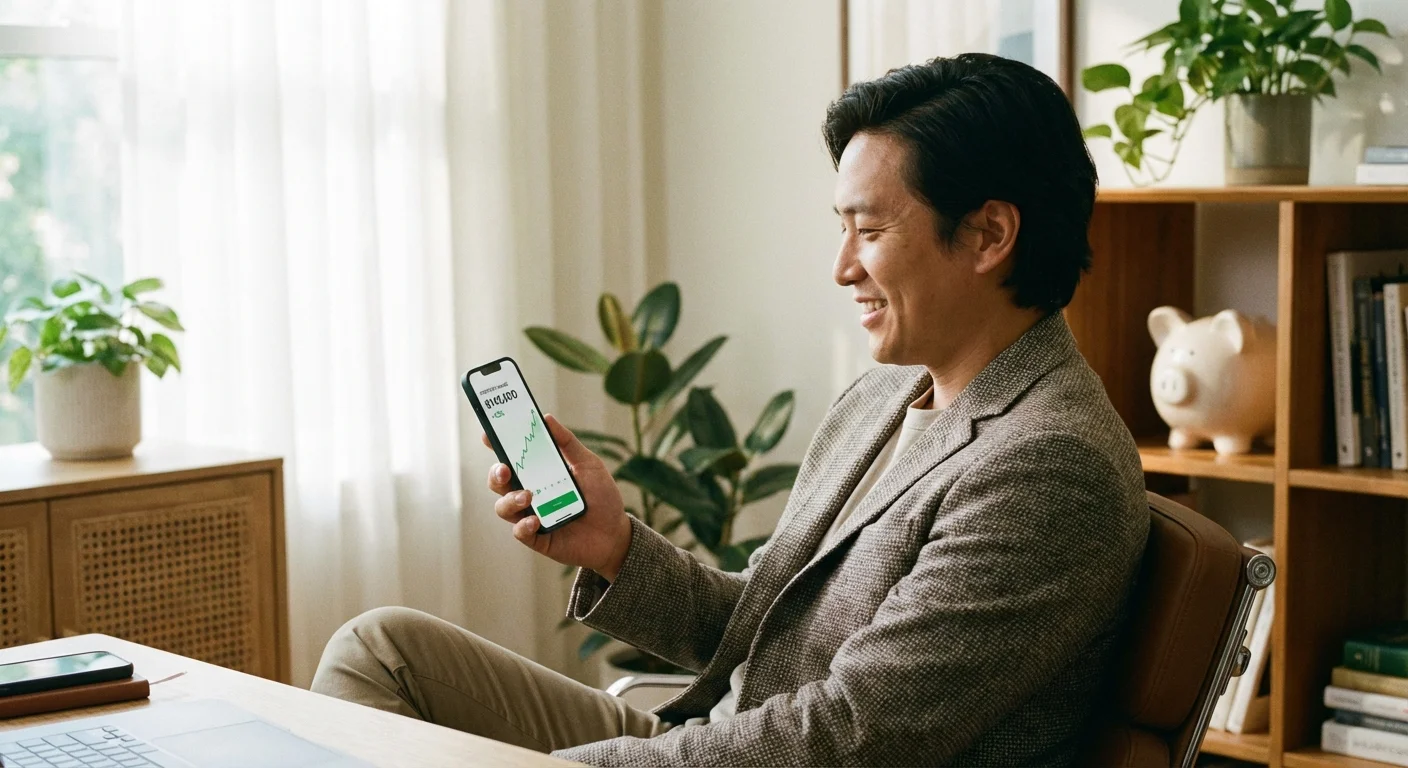 An organized white desk with a laptop and calculator from a high angle.