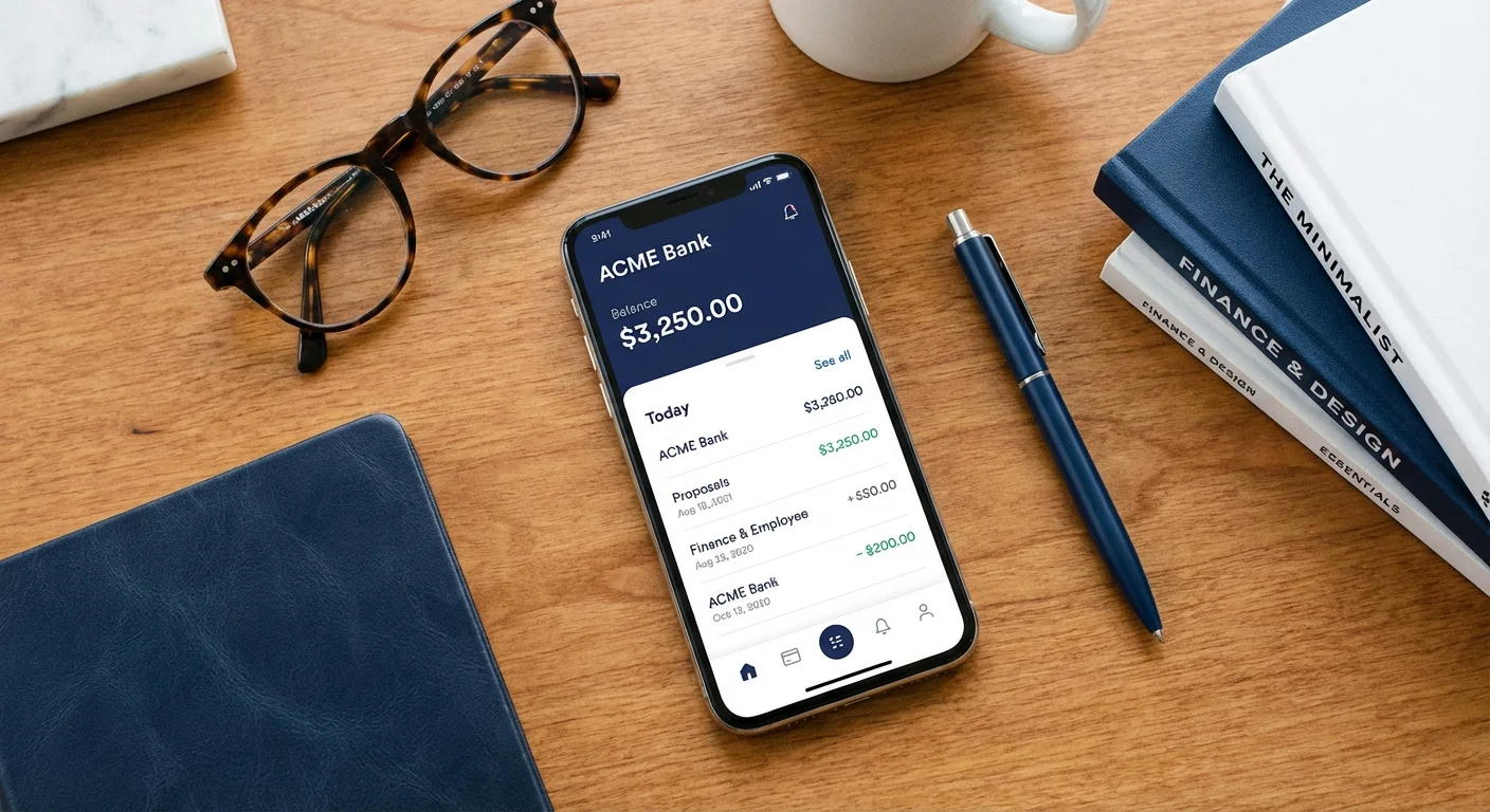 An overhead view of a smartphone with a banking app, glasses, and a pen on a desk.