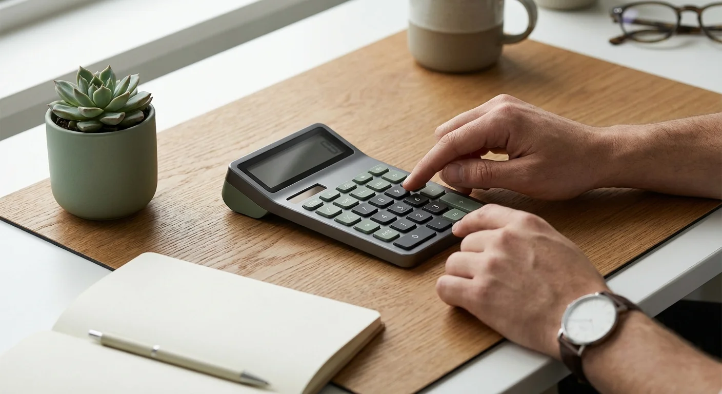 An overhead view of someone calculating new savings goals next to a small plant.