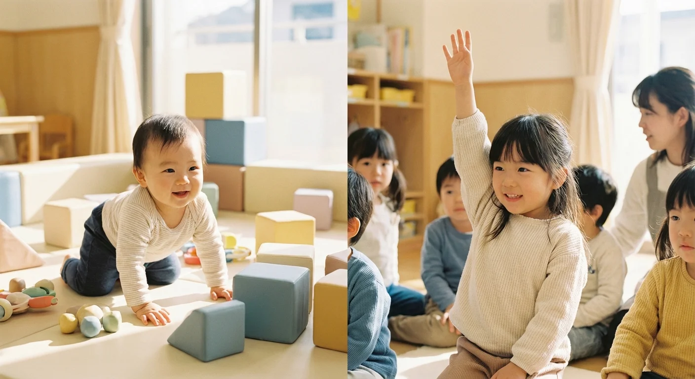 Side-by-side images of an infant playing and a preschooler in a classroom setting.