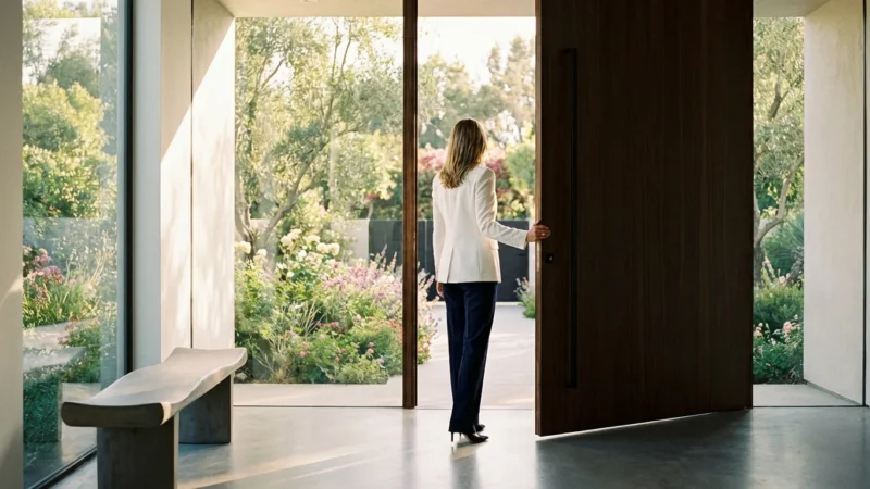 Professional woman opening a door to a sunlit garden, symbolizing financial opportunity.