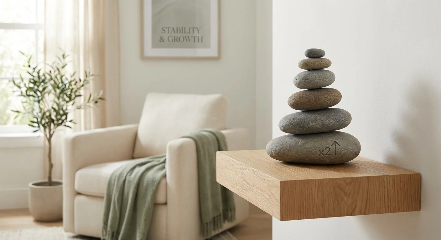 Balanced river stones on a wooden shelf, representing financial stability and the 25x rule.