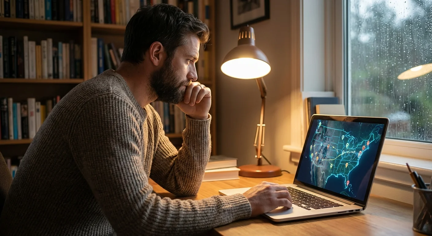 A man thoughtfully looking at a laptop screen in a home office.