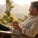 Bearded man sitting in a wooden chair holding a mug, overlooking a scenic mountain landscape.