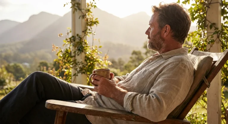 Bearded man sitting in a wooden chair holding a mug, overlooking a scenic mountain landscape.