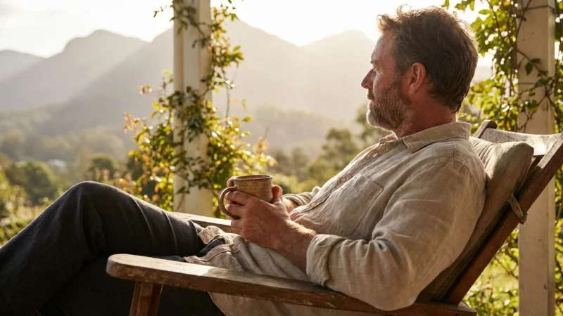 Bearded man sitting in a wooden chair holding a mug, overlooking a scenic mountain landscape.