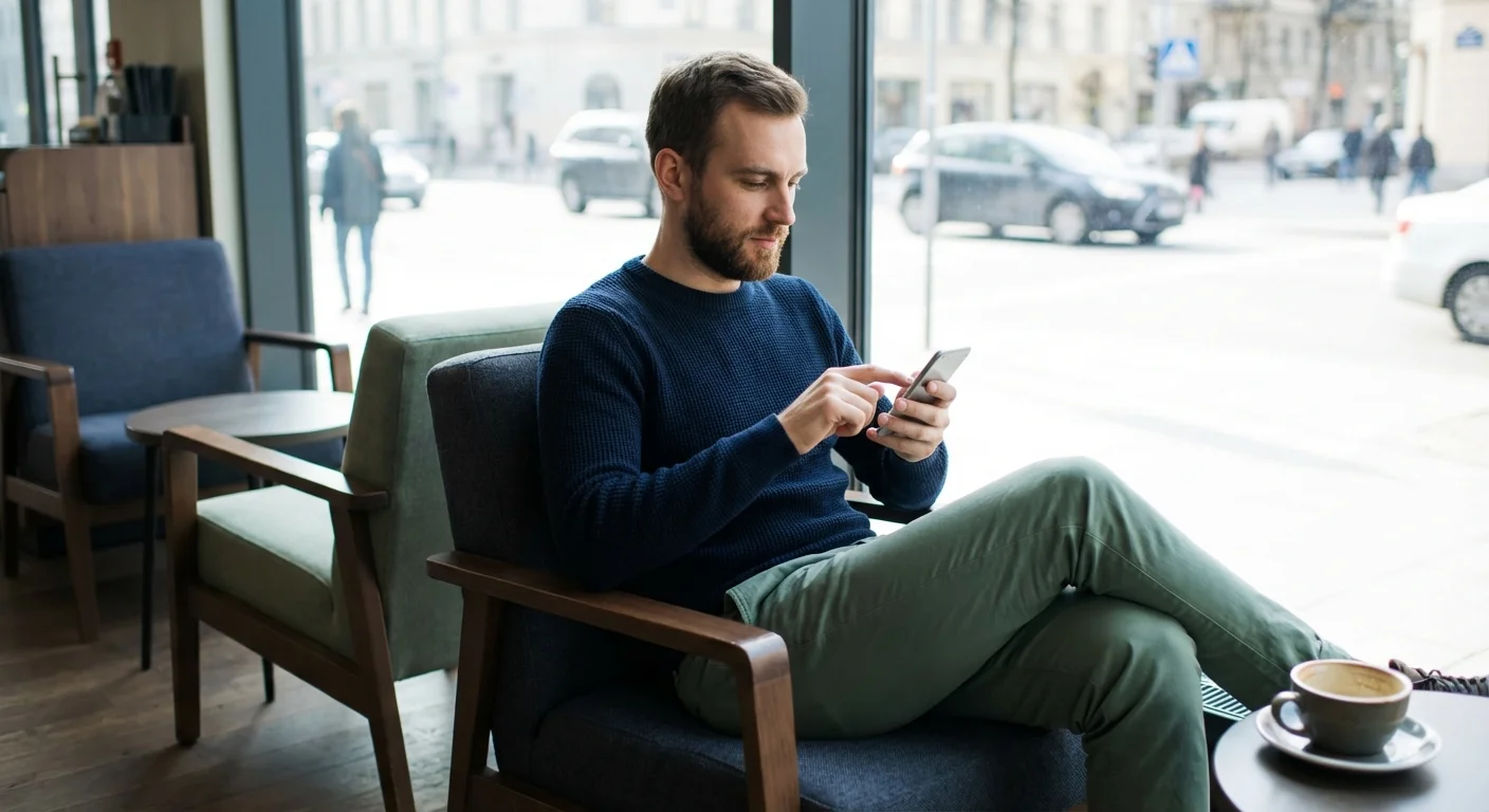 A man using his phone in a bright cafe to securely transfer money.