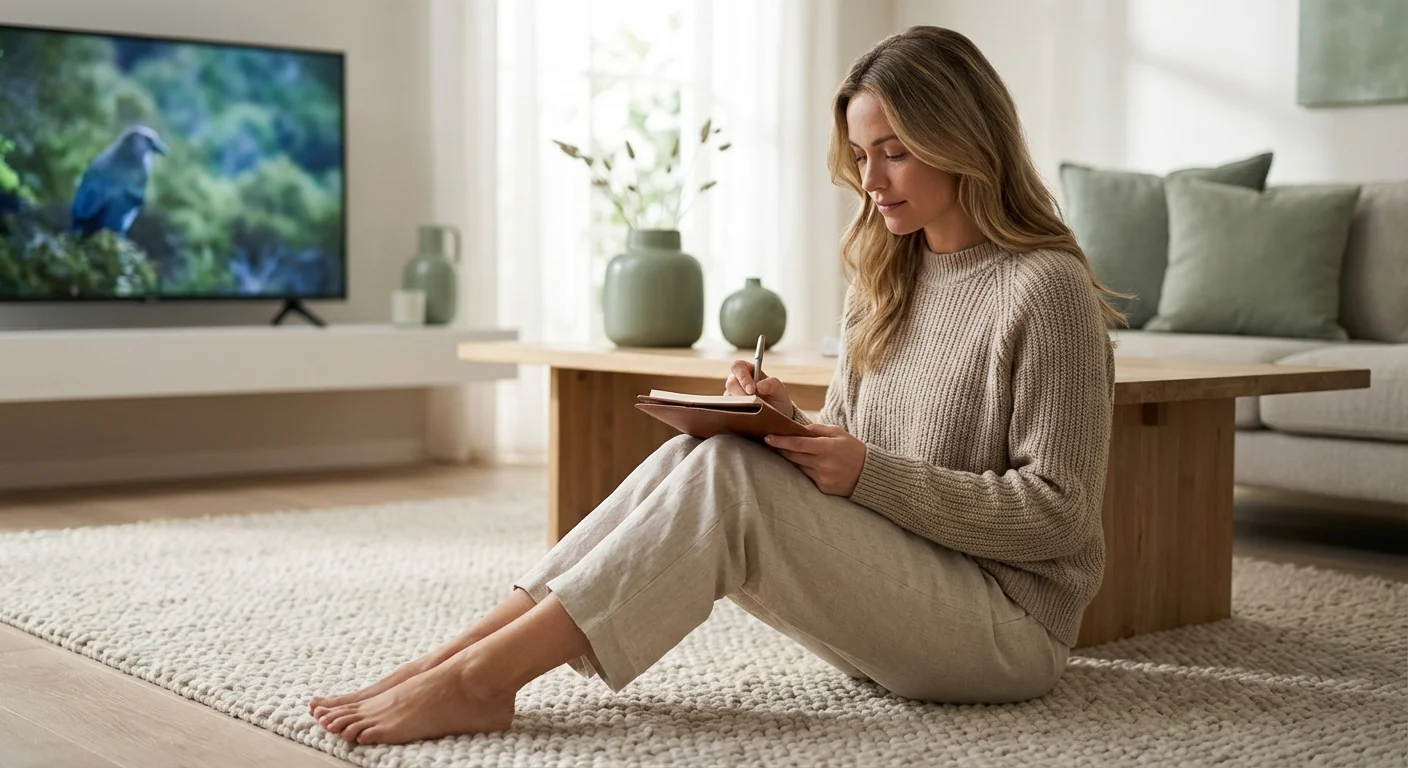 A woman intentionally listing her favorite TV shows on a notepad in a cozy room.
