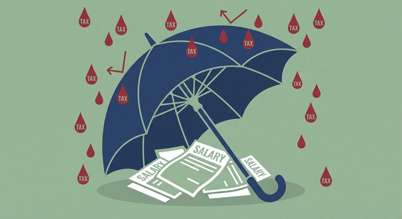 An umbrella protecting a stack of papers from red raindrops.