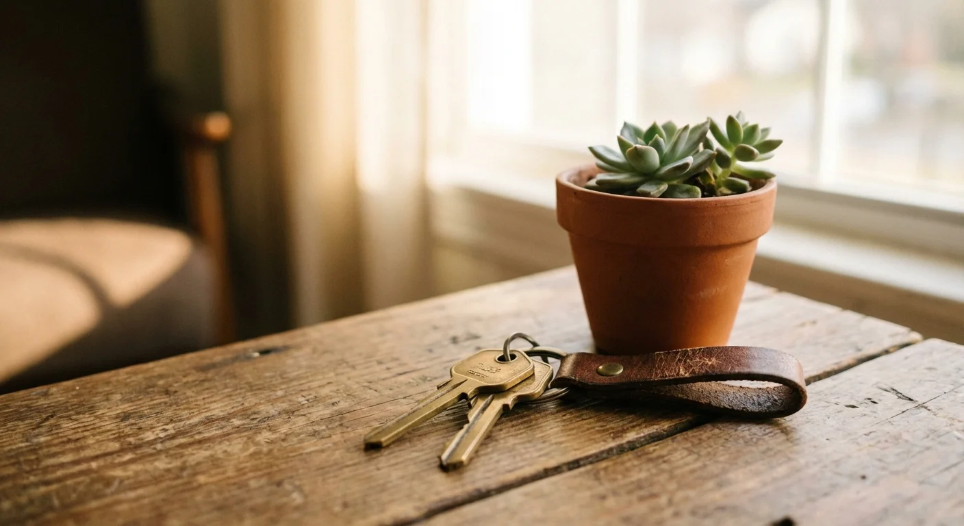 Close-up of house keys on a wooden table with a small plant.