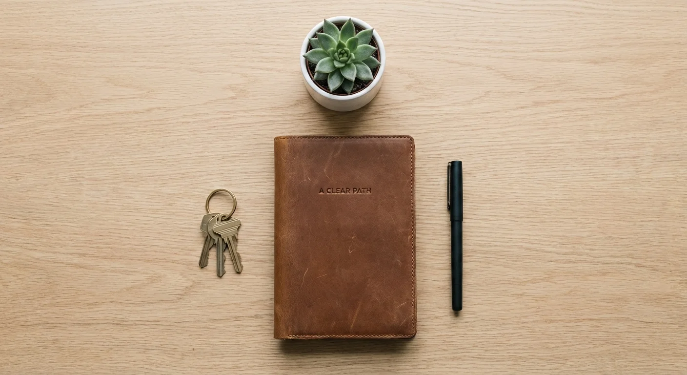 A clean flat-lay of house keys, a planner, and a pen, representing an organized plan.