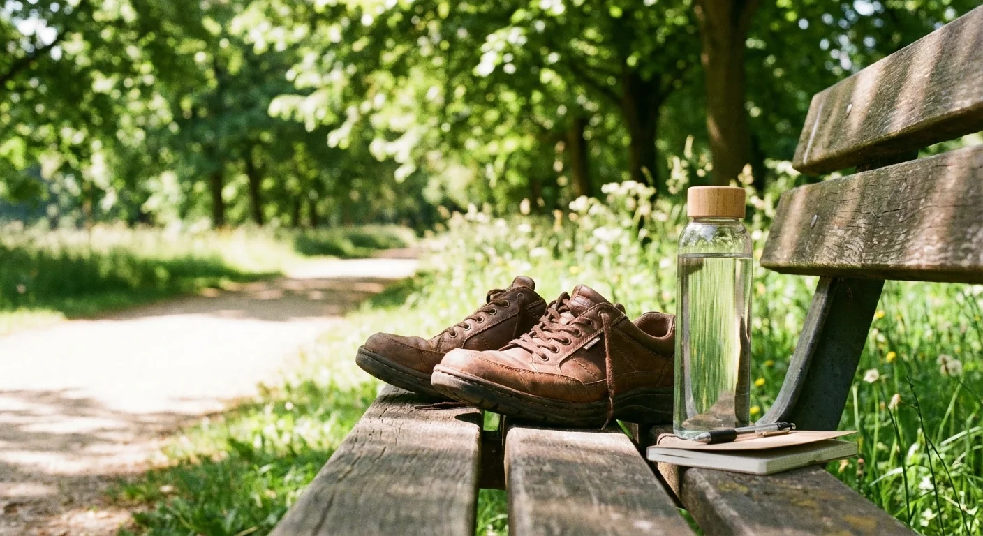 Walking shoes and a water bottle on a park bench, symbolizing health and wellness.