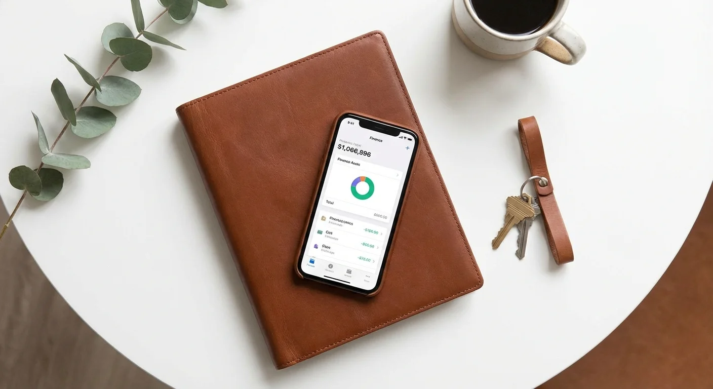 Keys, a planner, and a smartphone on a clean white desk.