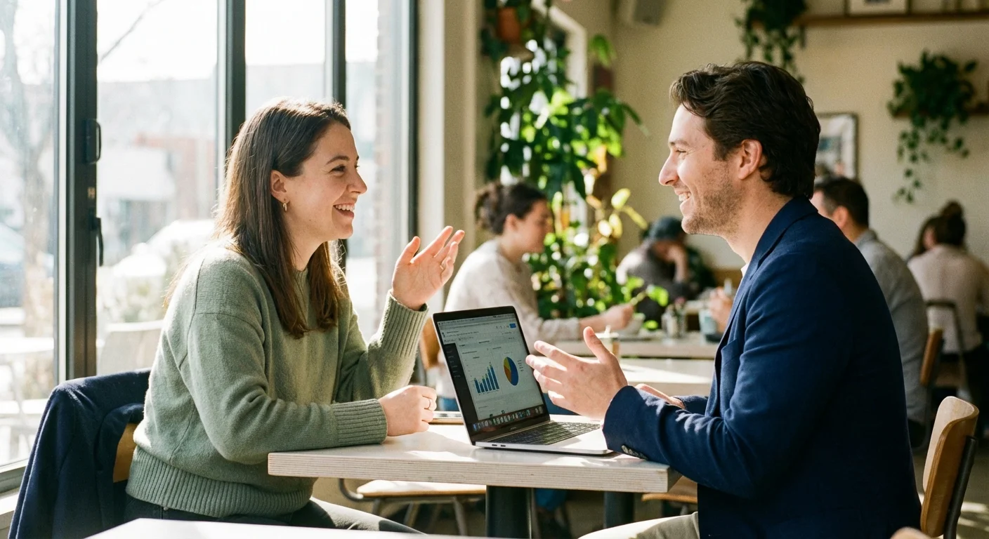 Two people having a professional financial discussion in a bright, modern cafe.