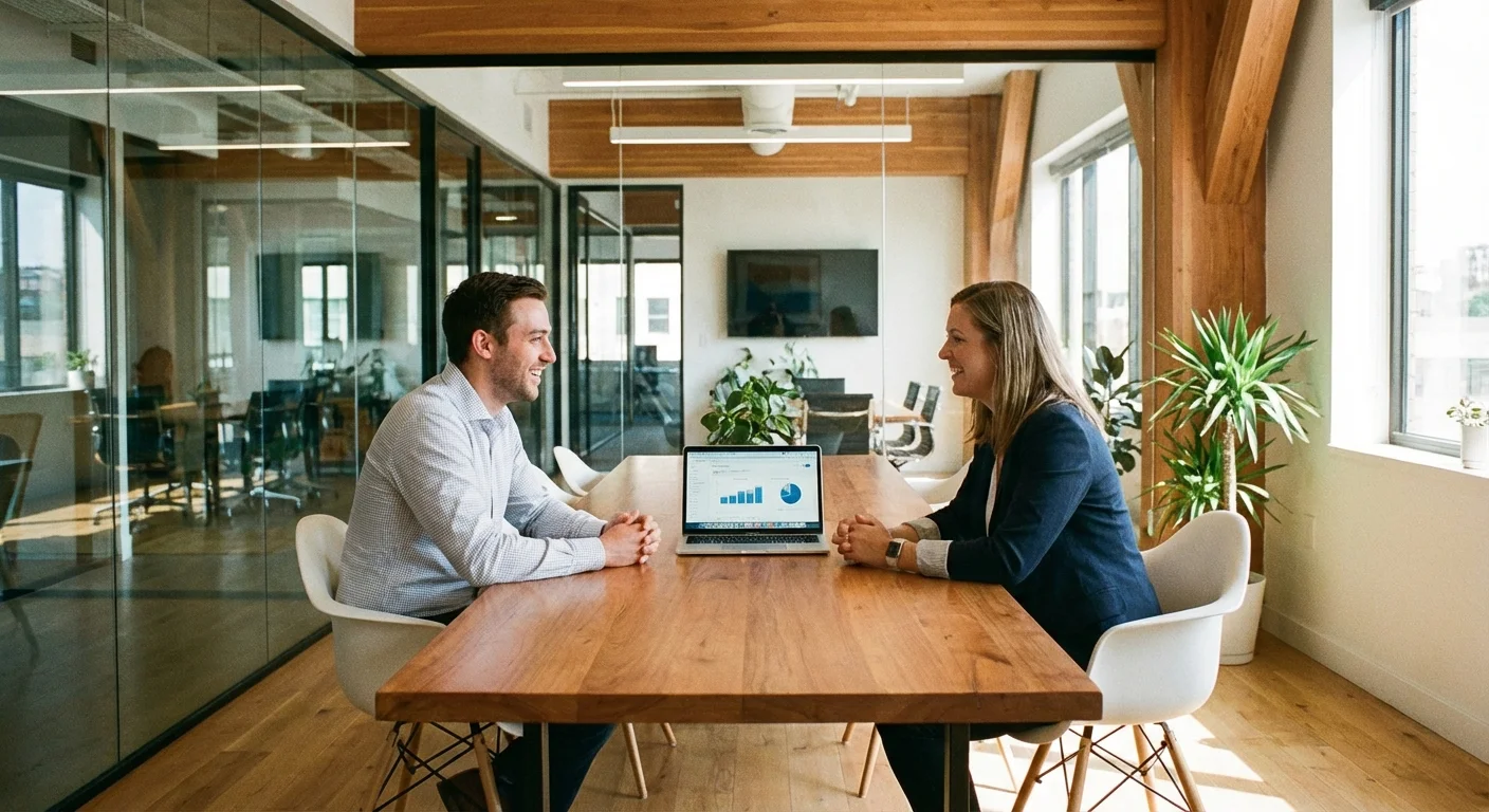 Two professionals talking in a bright, modern office space.