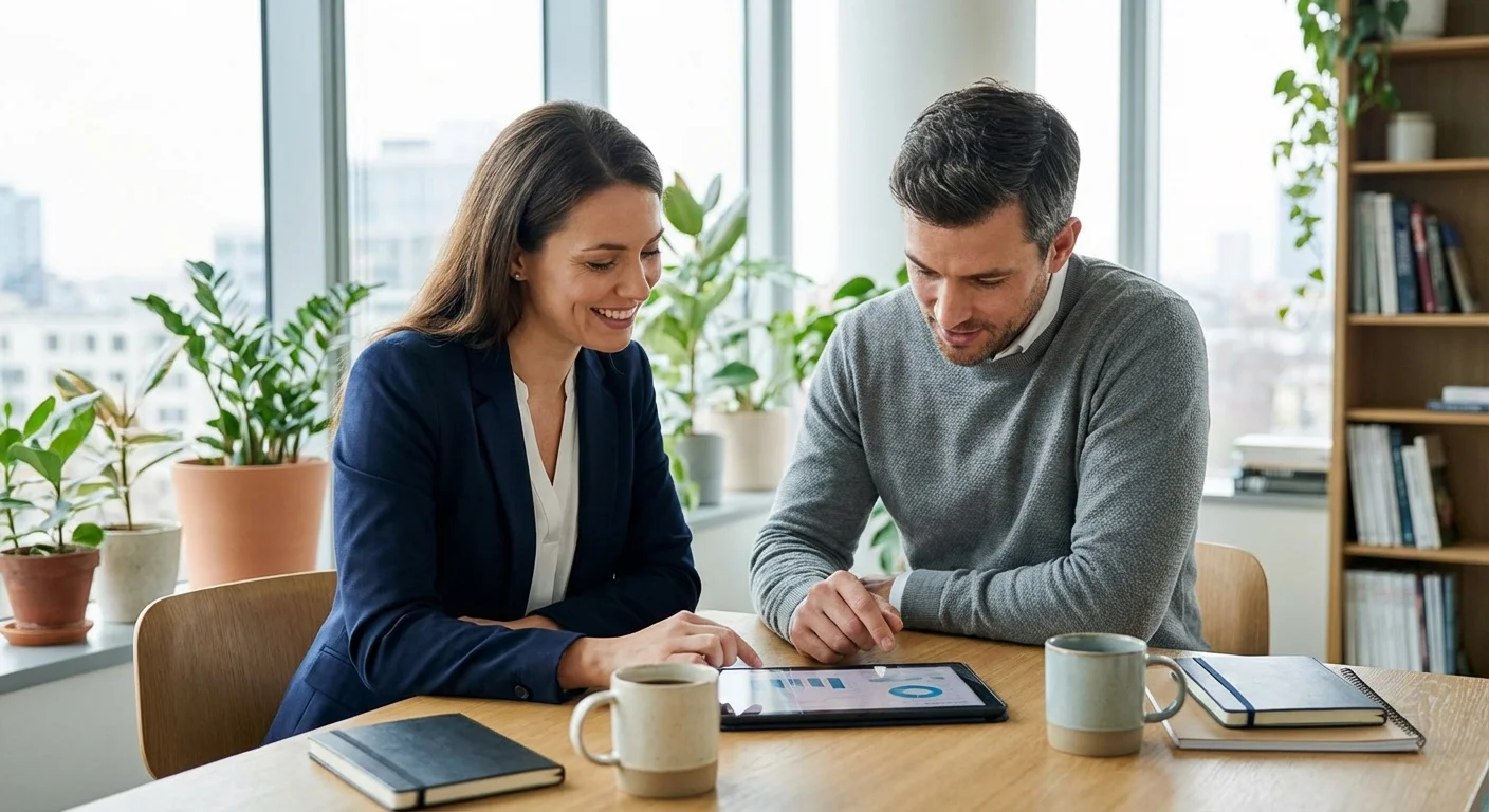 A person meeting with a professional advisor in a bright, modern office setting.