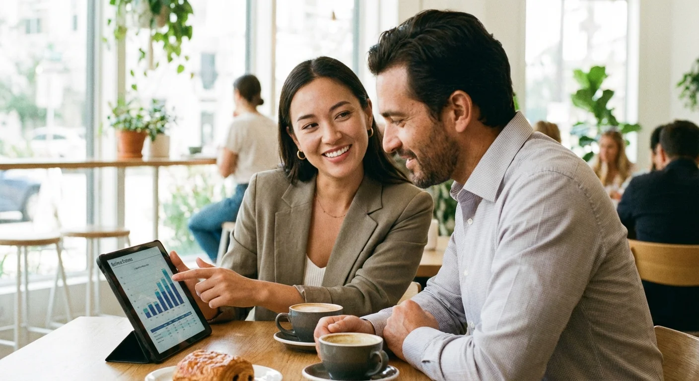 Two people having a professional discussion over coffee, representing a consultation.