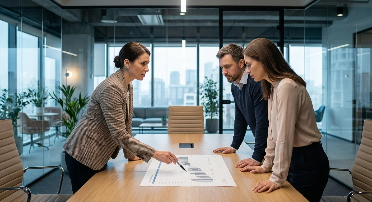 A professional advisor explaining a document to a couple in a conference room.