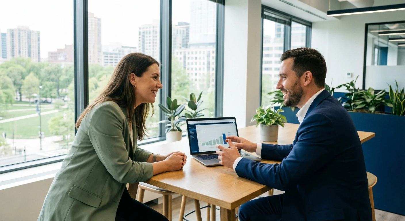 Two people having a friendly, professional meeting in a bright, modern office.