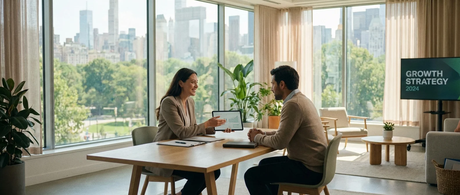 A meeting between a financial advisor and a client in a bright office.
