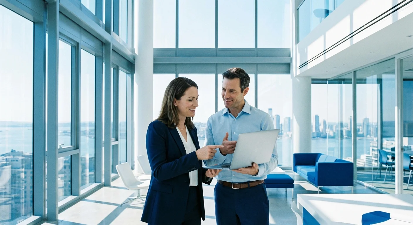 Two professionals having a discussion in a bright, modern office.