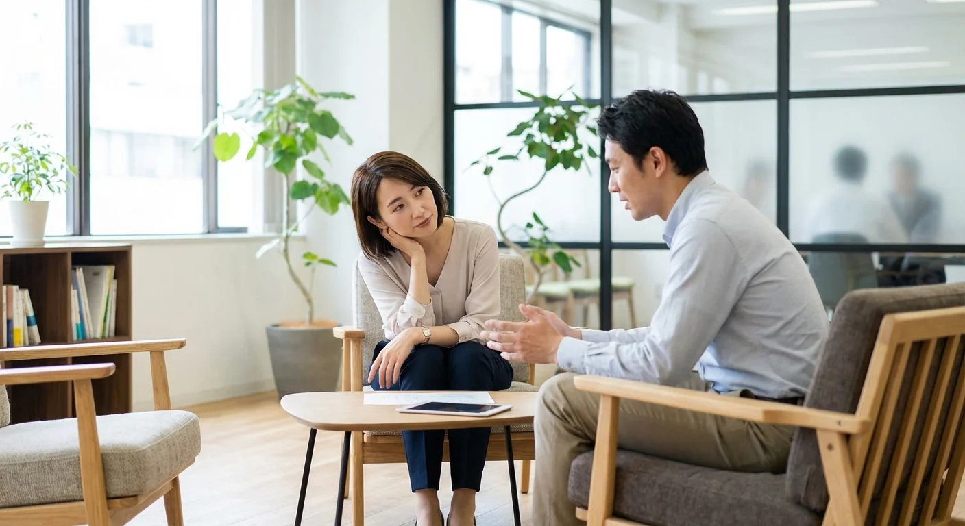 Two people having a professional and supportive meeting in a bright office.