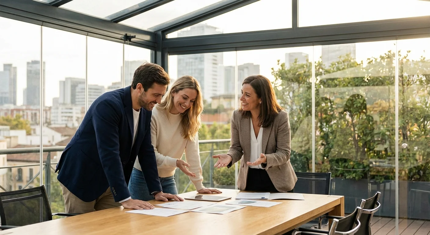 A couple talking with a financial advisor in a bright, modern office.