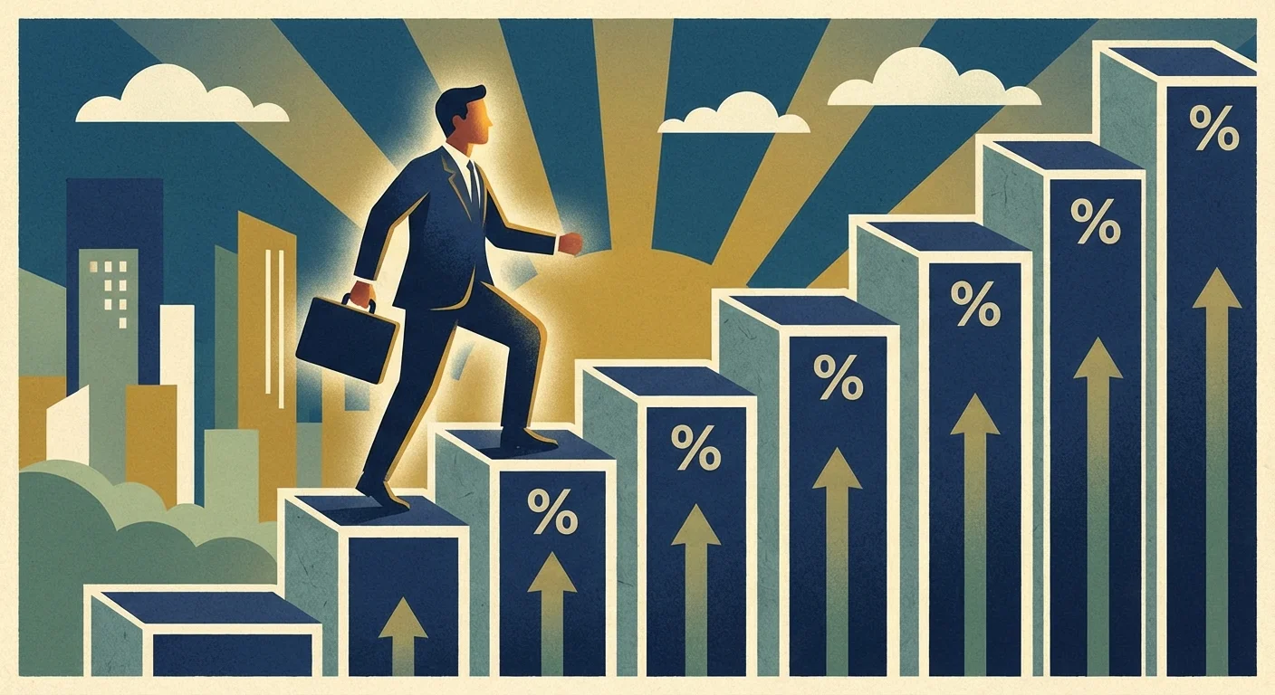 An illustration of a person climbing a staircase made of bar charts.
