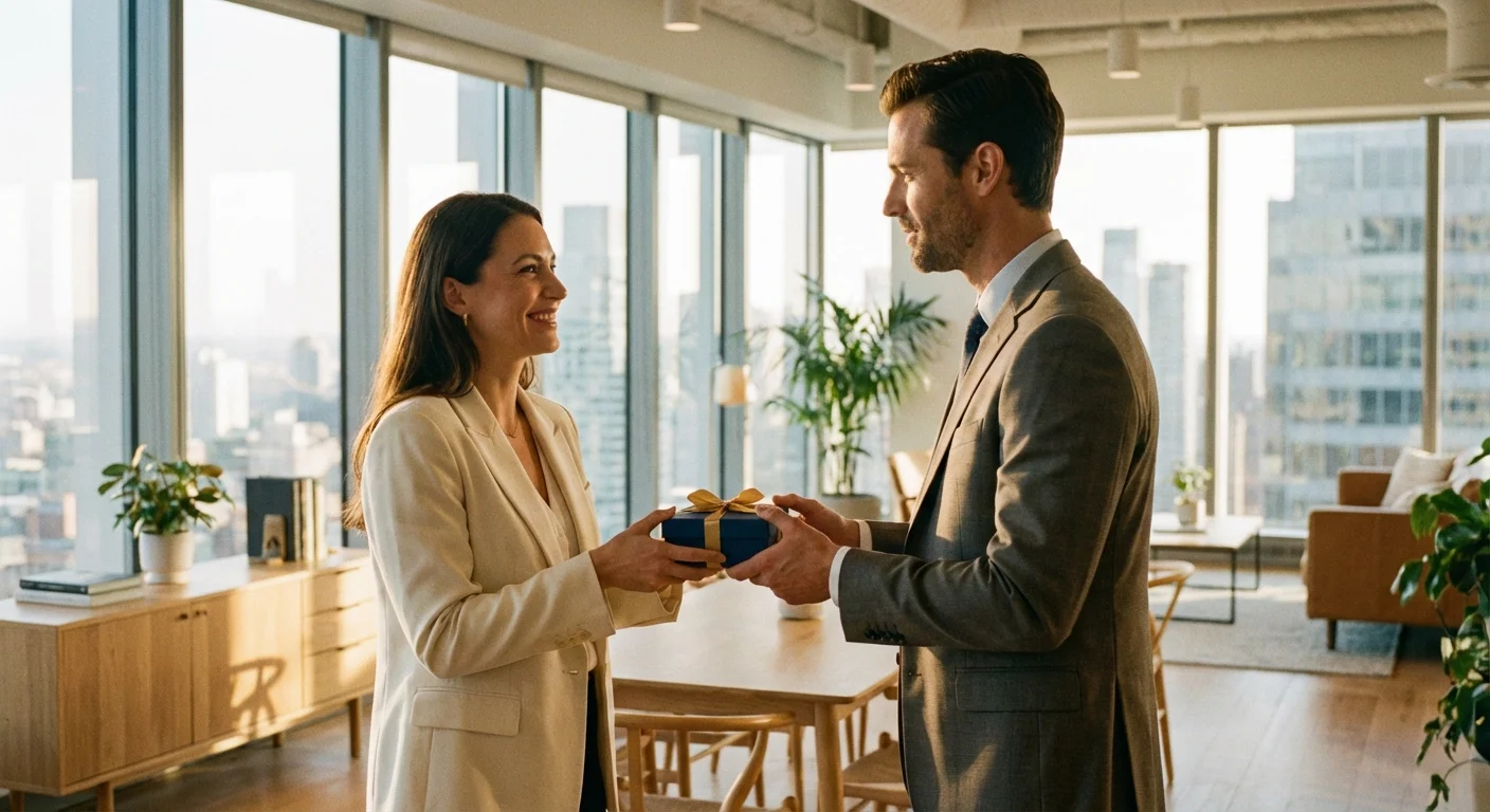 Two people in a modern office, one giving a gift to the other, symbolizing a reward.