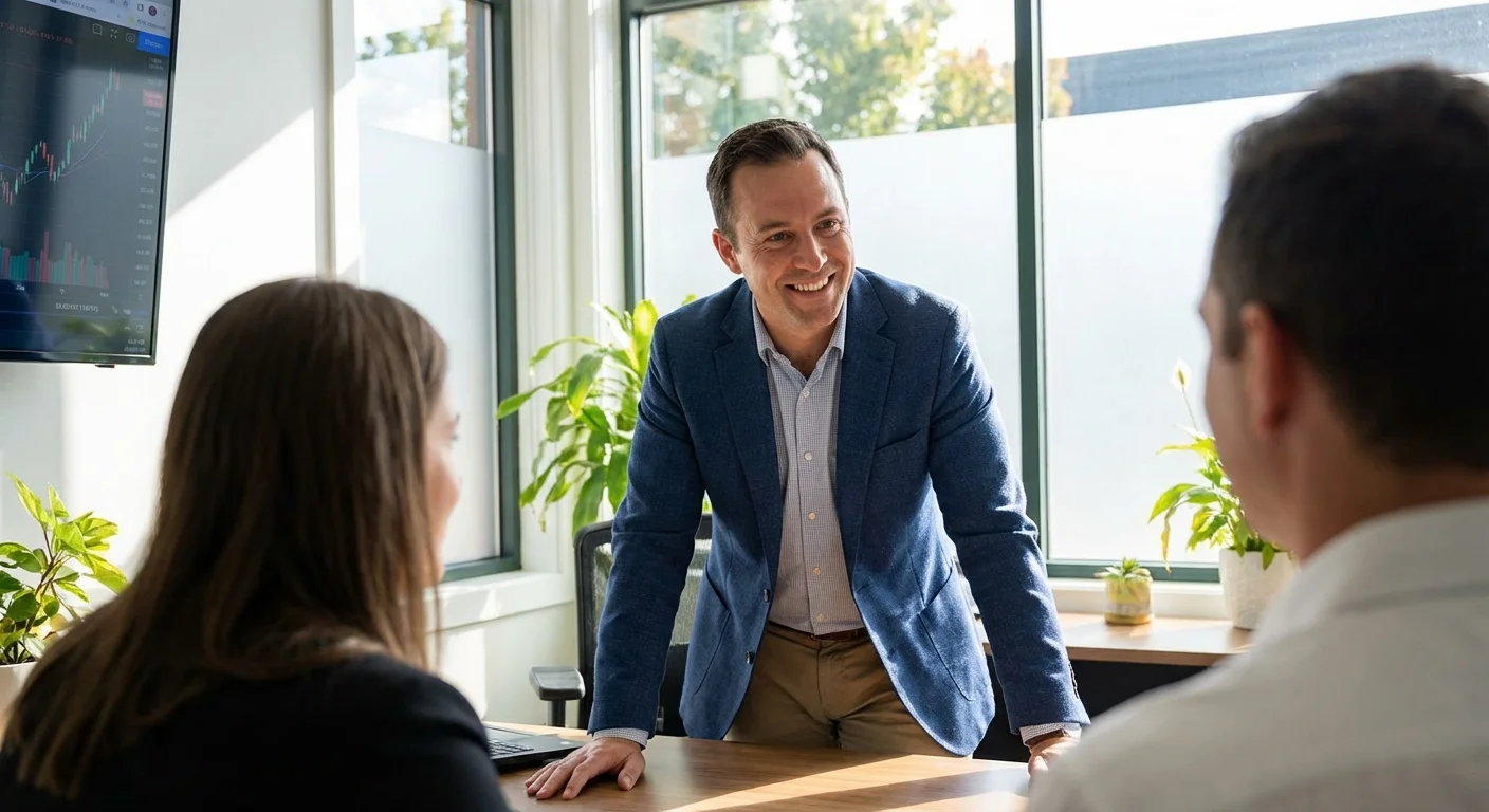 A friendly financial advisor speaking with a client in a bright, professional office.