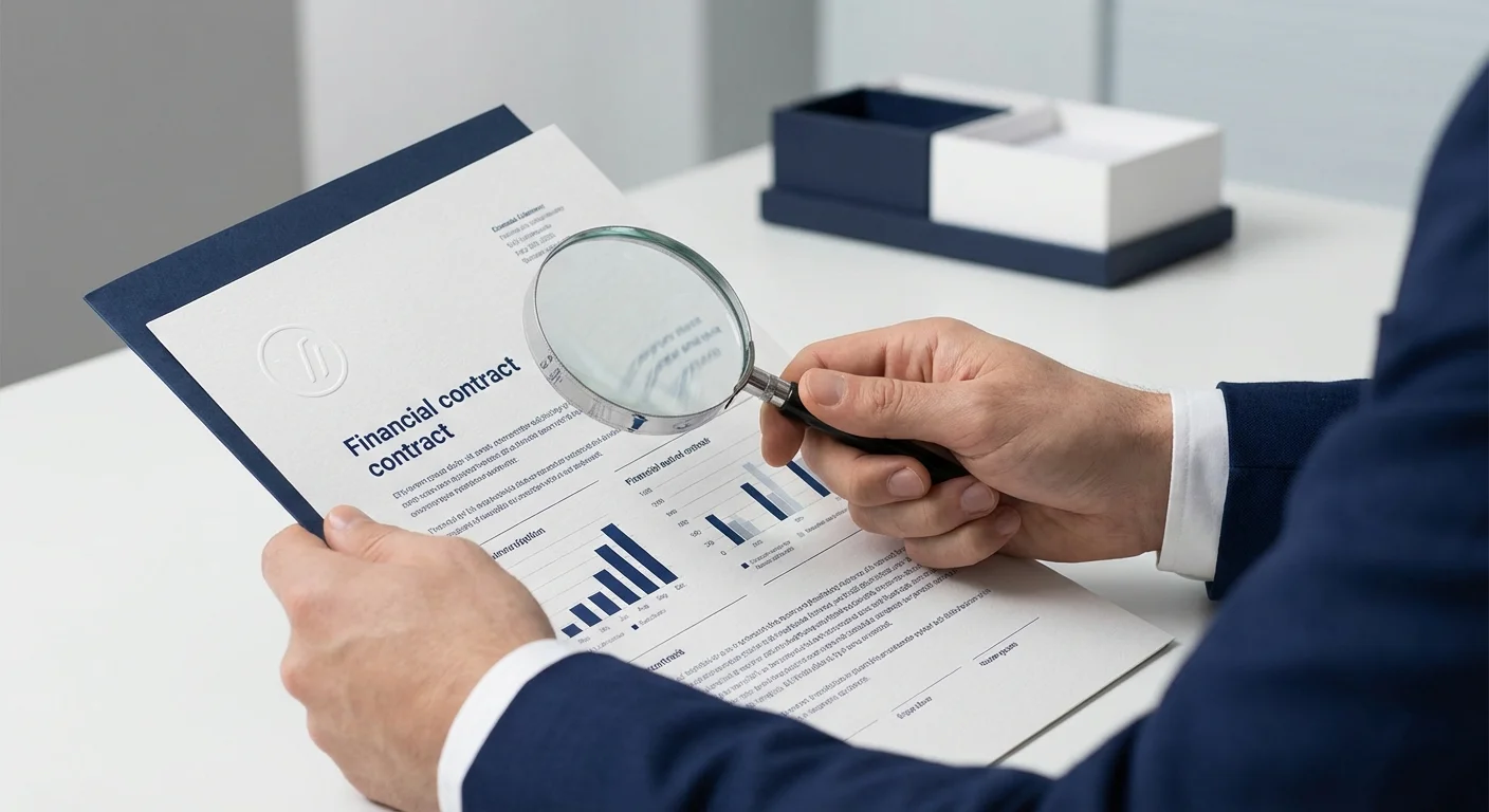 Hands using a magnifying glass to read the fine print on a document.