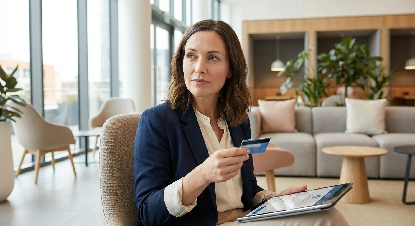 A woman reviewing insurance details on a tablet in a bright lobby.