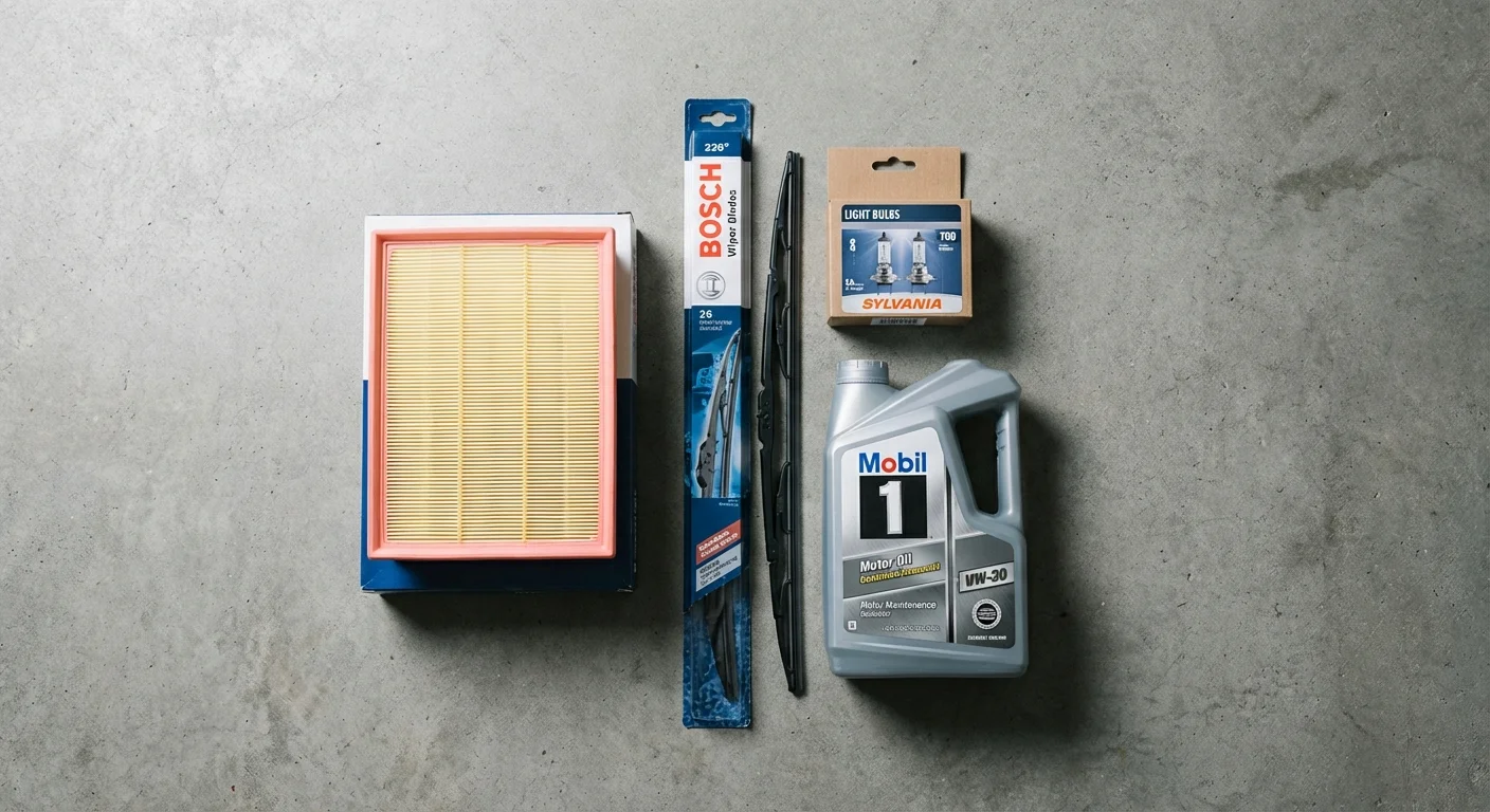 A neat overhead view of a car filter, wipers, light bulbs, and oil bottle on a grey surface.