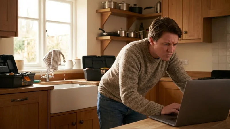 A young family in a sunlit kitchen looking at a laptop together, representing financial planning.