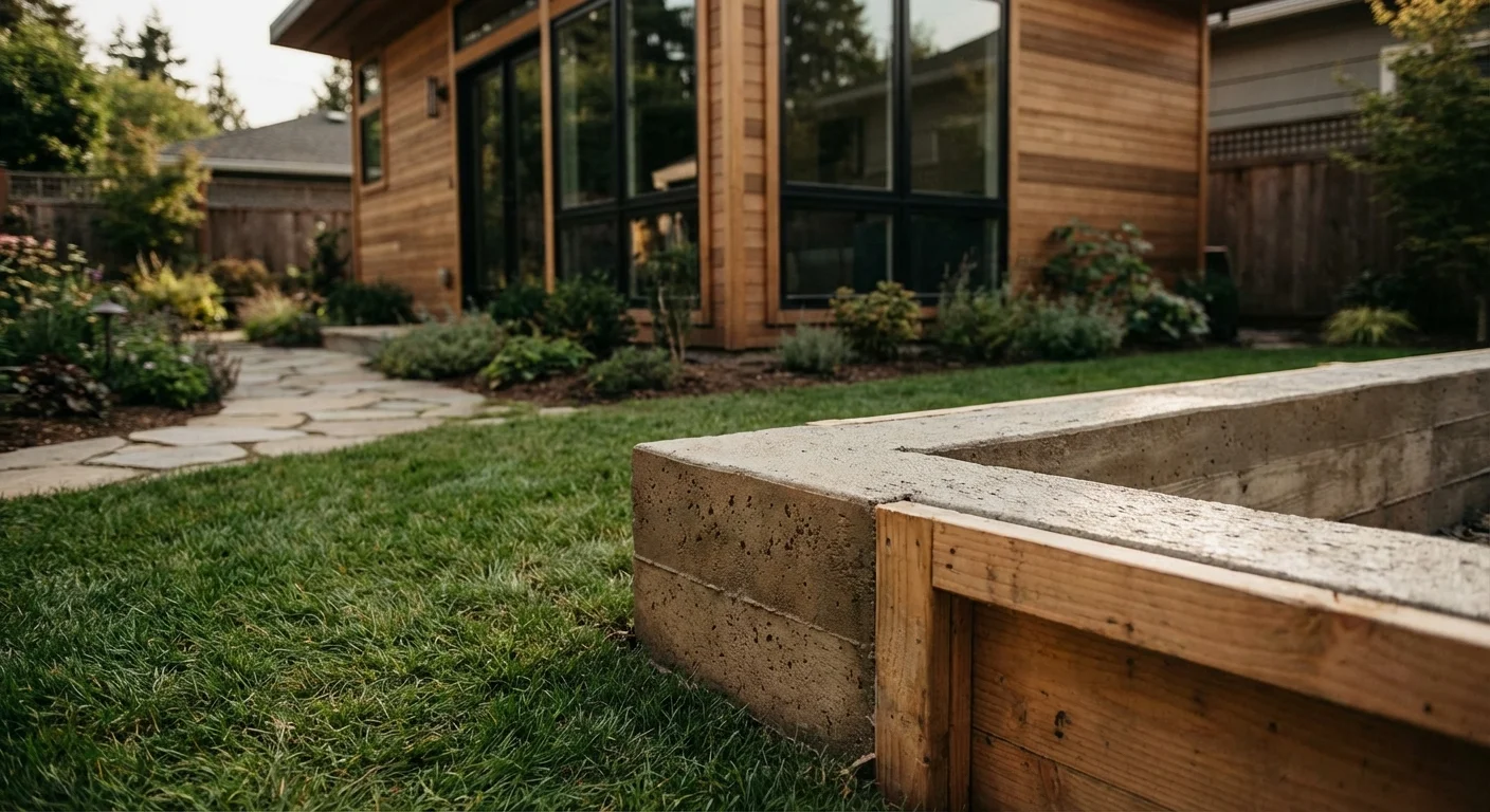 Close-up of a concrete foundation for a permanent backyard home.