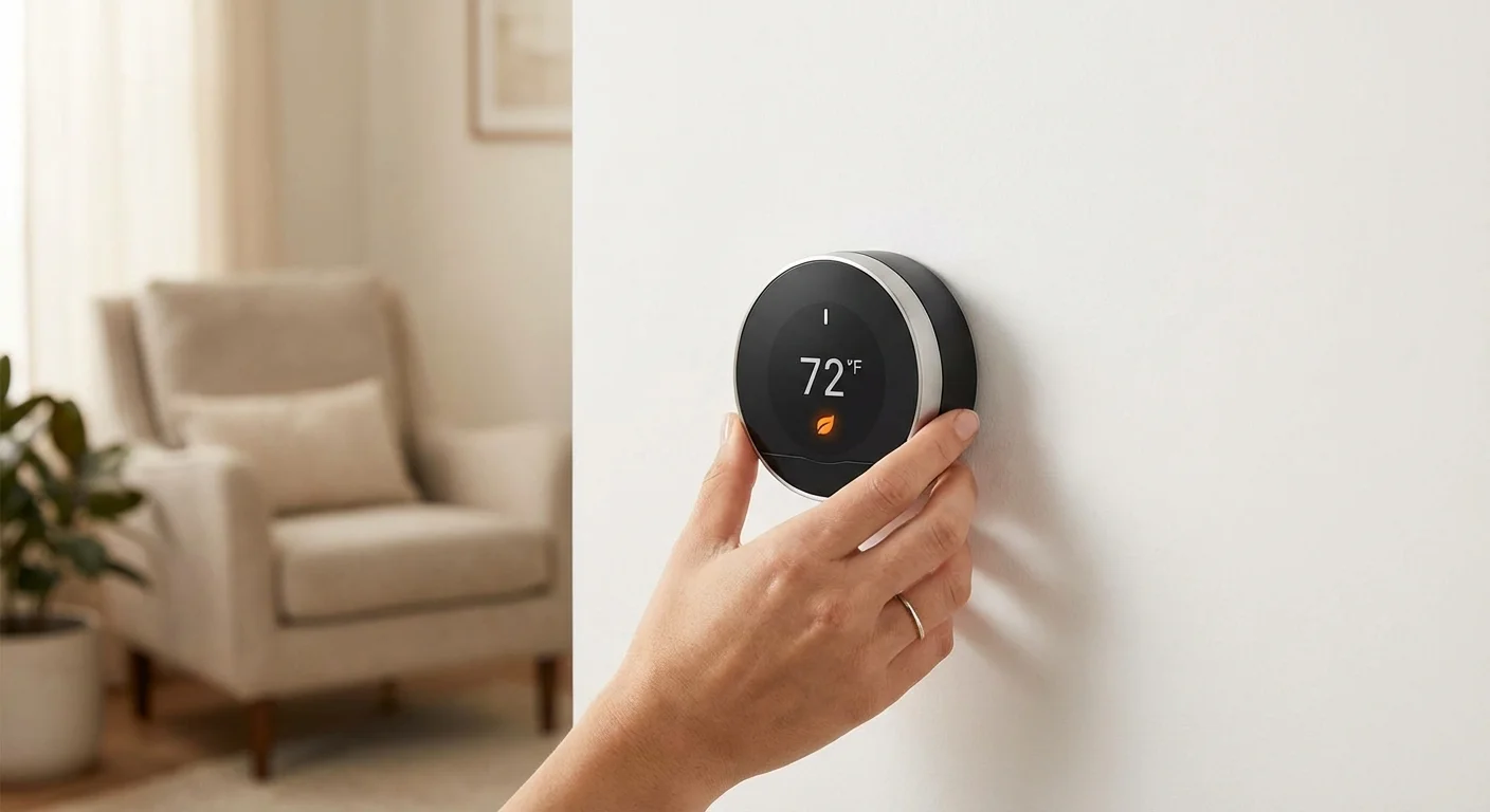 Close-up of a hand adjusting a modern digital thermostat on a white wall.