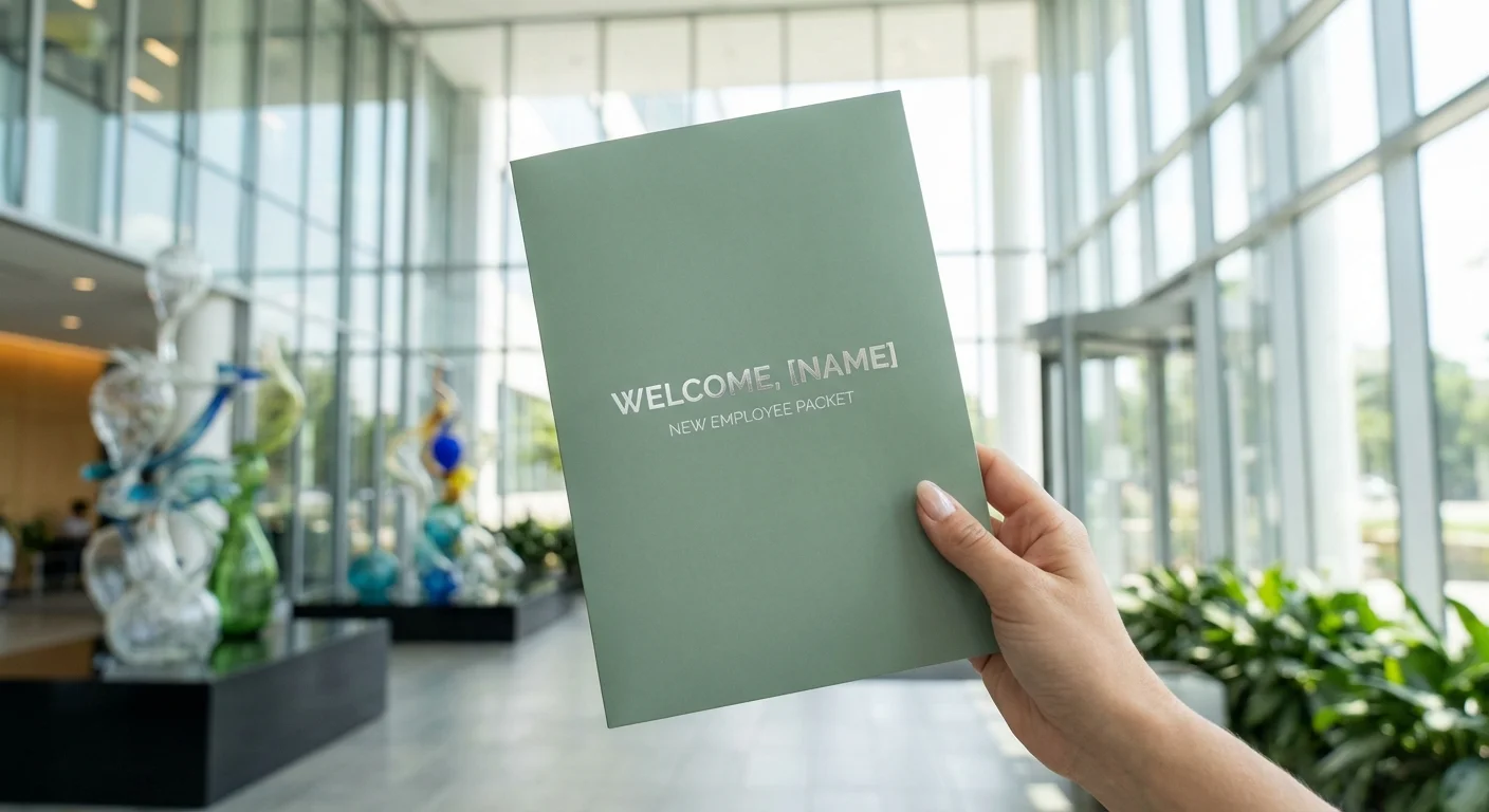 Close-up of a hand holding a new employee welcome packet in a modern office lobby.